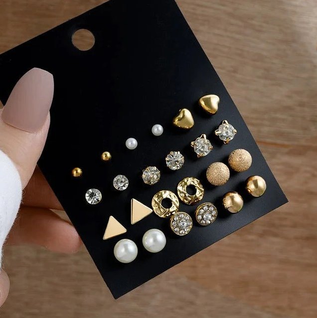 Crystal and Ball Stud Earrings, 12 Pairs (Golden)
